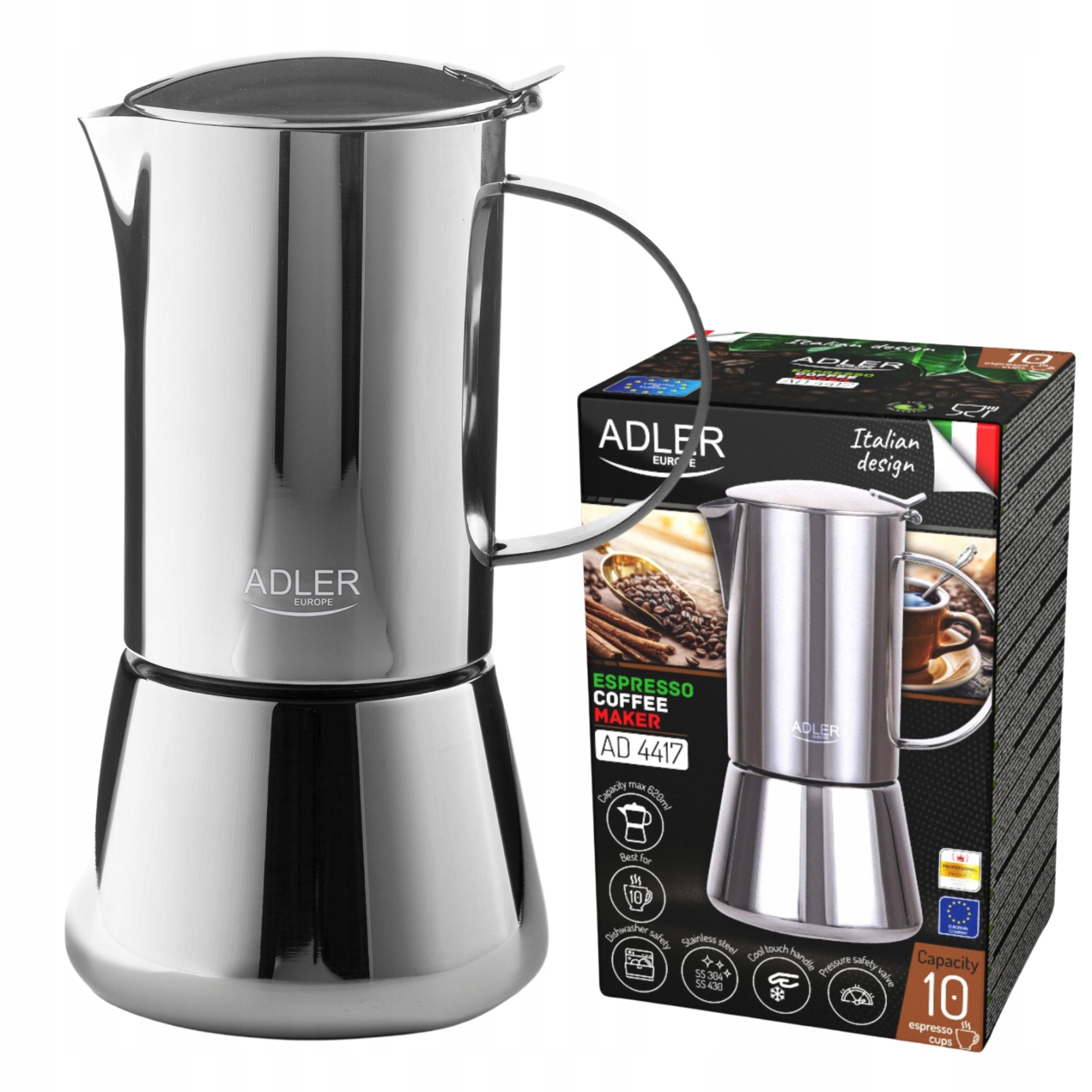 Kávovar Kávovar 500ml Funguje na indukciu, Plyn, Steel Adler